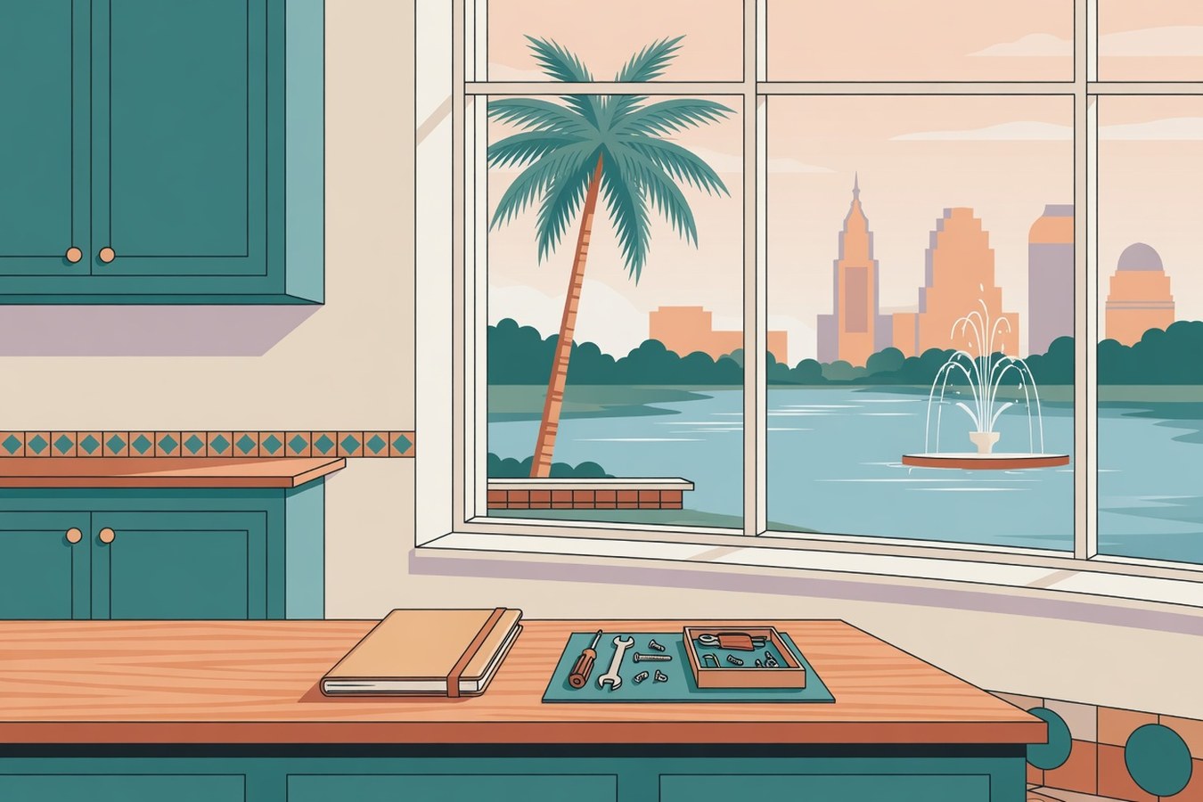 Orlando shop counter with a notebook and toolkit, lake and towers through the window